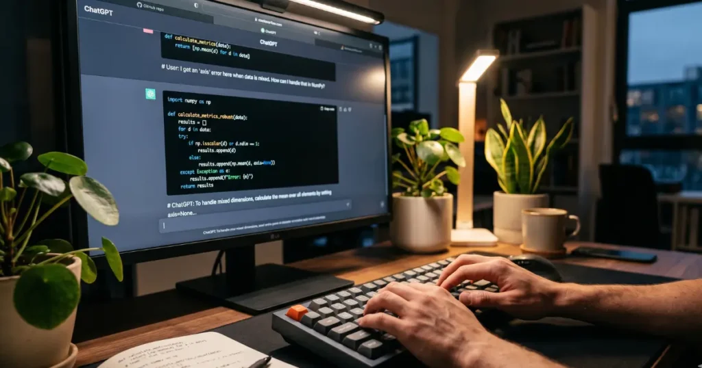 Software developer typing code with ChatGPT assistant on monitor showing debugging session , Gemini vs ChatGPT