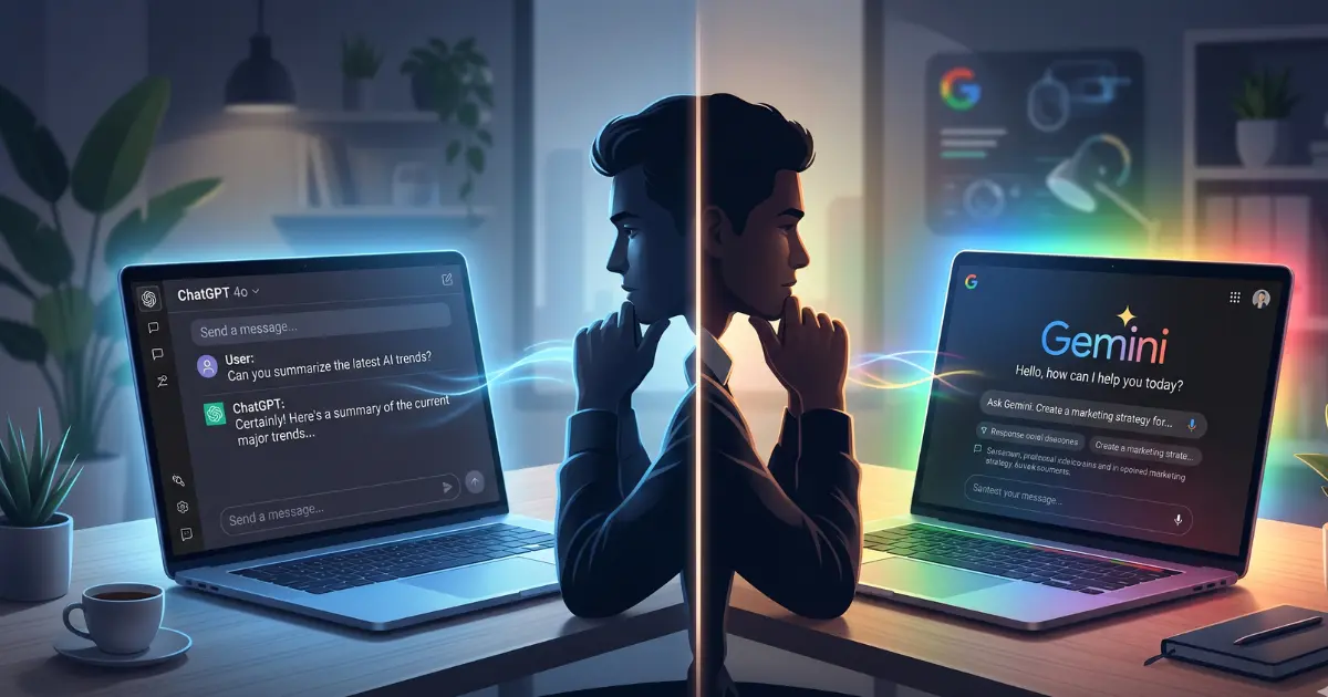 Split-screen comparison of ChatGPT and Google Gemini interfaces with person thinking between them